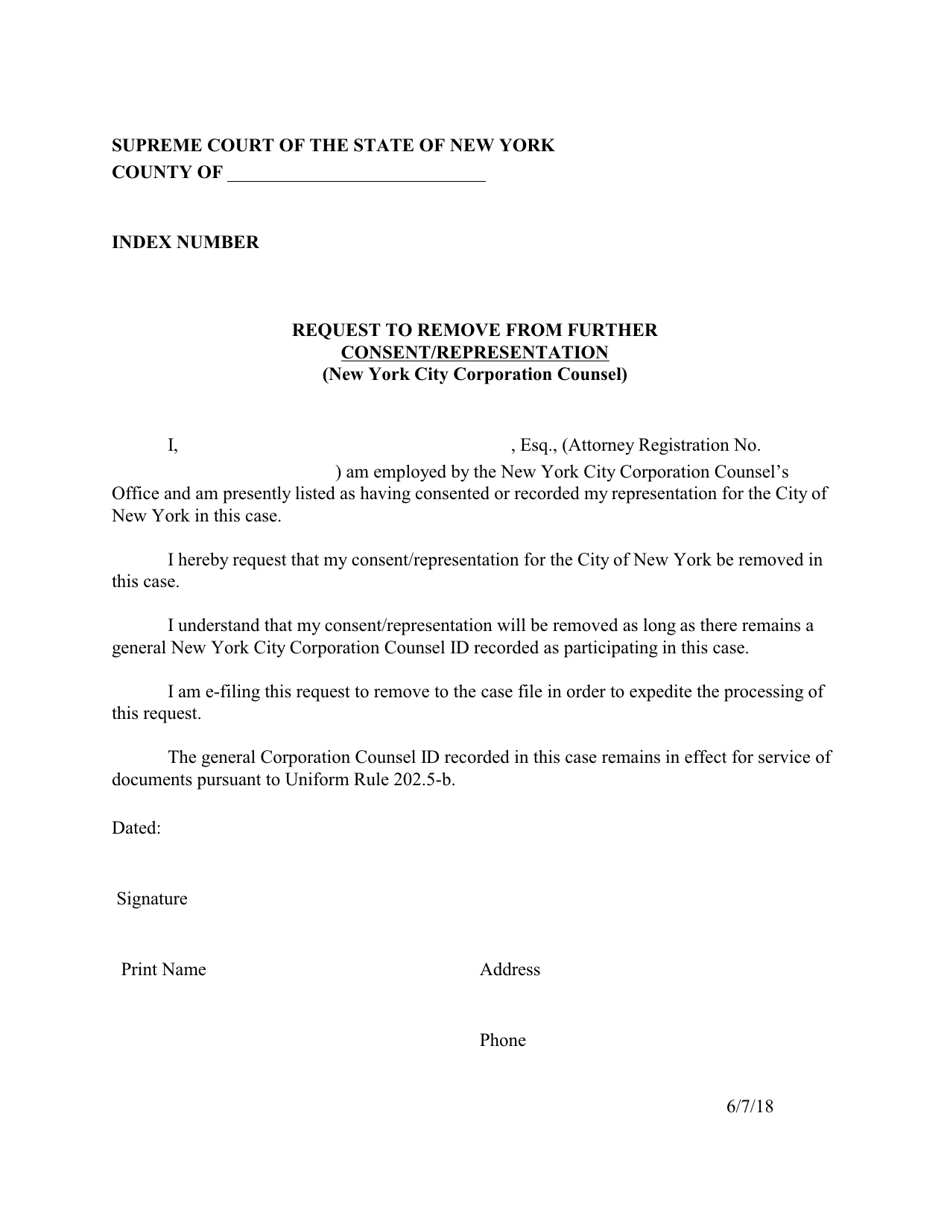 A Representation May Be Altered Or Withdrawn New York Request to Remove From Further Consent/Representation (New