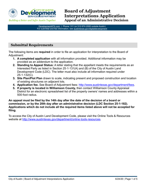 Board of Adjustment Interpretations Application - Appeal of an Administrative Decision - City of Austin, Texas Download Pdf