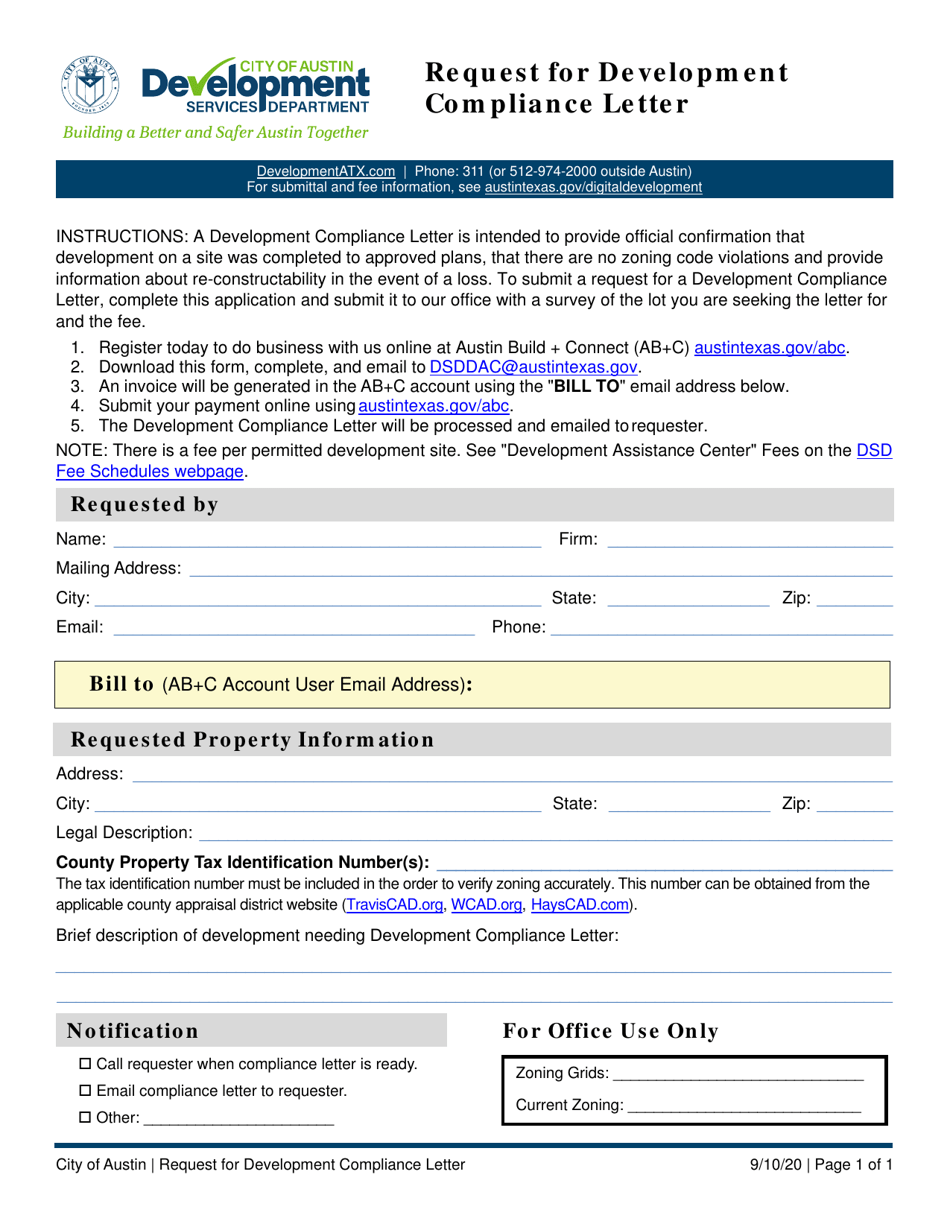 Request for Development Compliance Letter - City of Austin, Texas, Page 1
