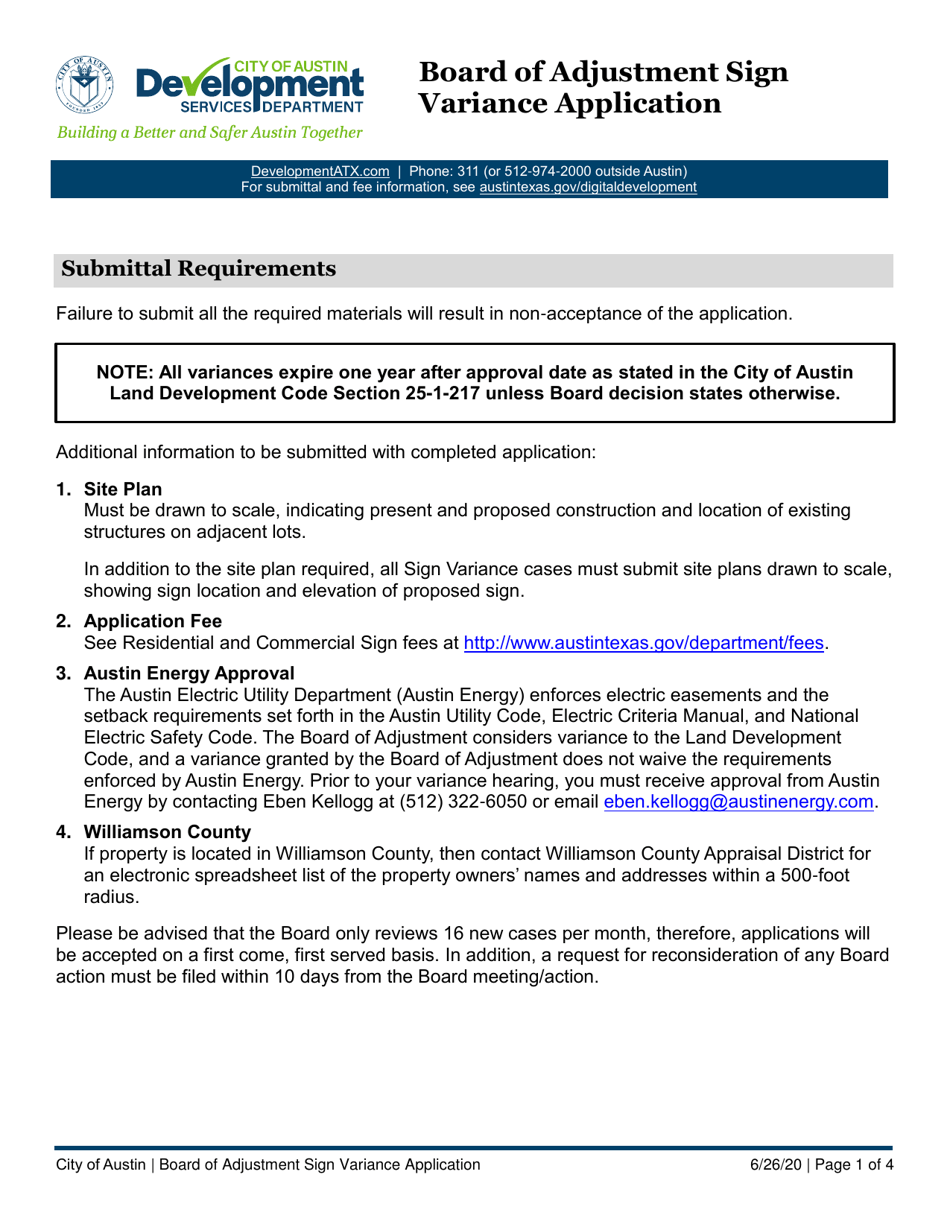 City of Austin, Texas Board of Adjustment Sign Variance Application
