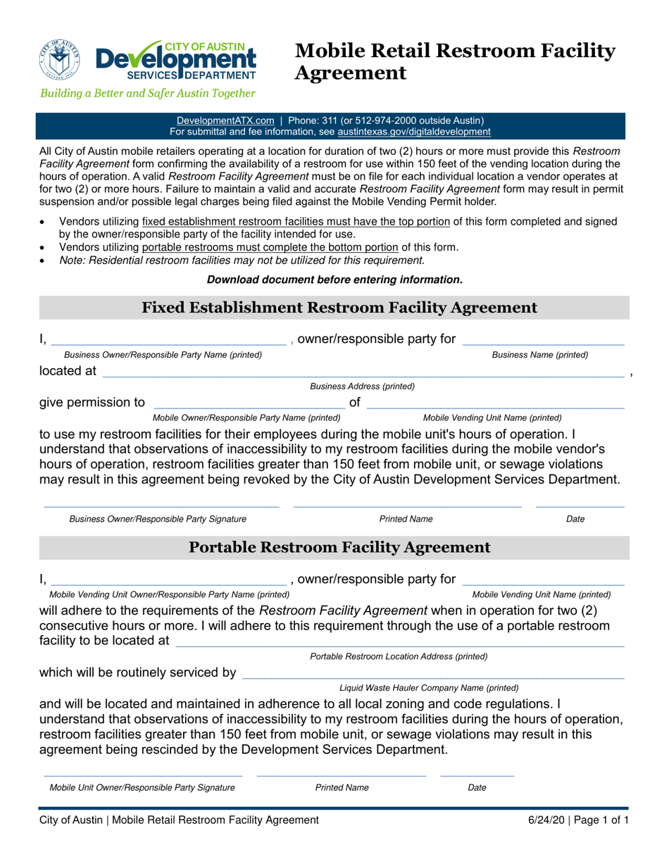 Mobile Retail Restroom Facility Agreement - City of Austin, Texas, Page 1