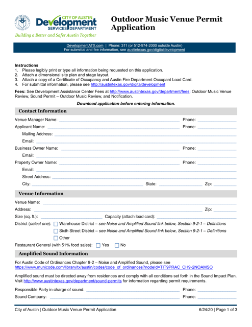 Outdoor Music Venue Permit Application - City of Austin, Texas Download Pdf