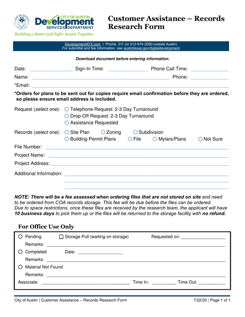 Customer Assistance - Records Research Form - City of Austin, Texas