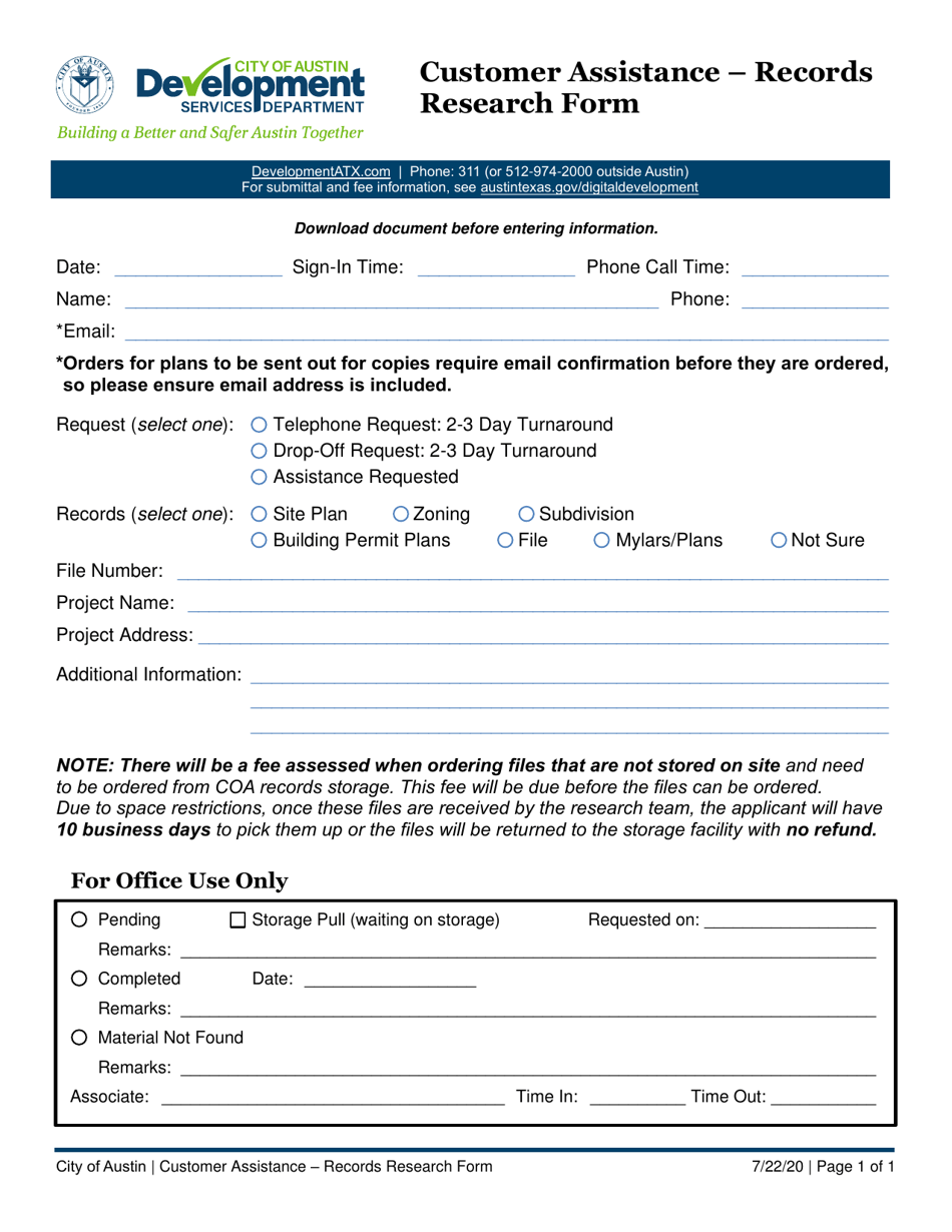 Customer Assistance - Records Research Form - City of Austin, Texas, Page 1