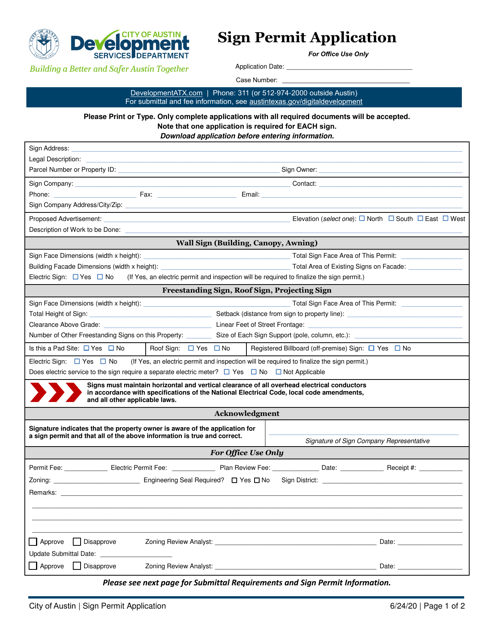 Sign Permit Application - City of Austin, Texas Download Pdf