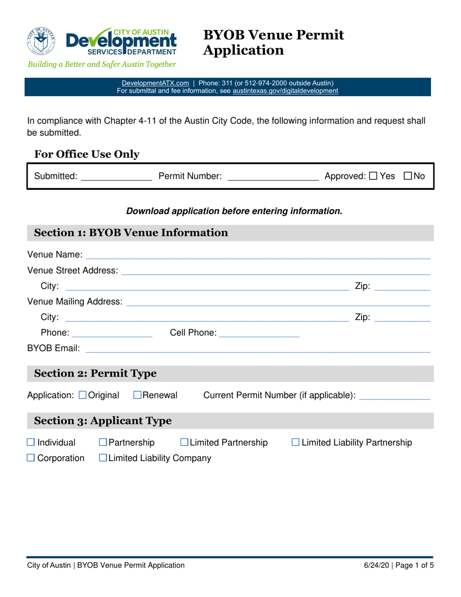 Byob Venue Permit Application - City of Austin, Texas, Page 1