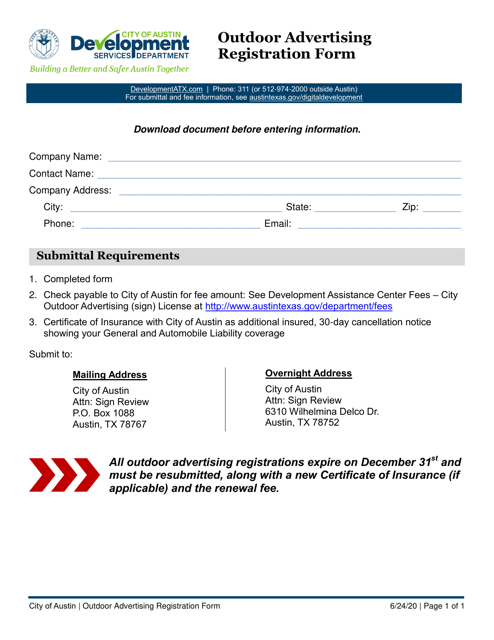 Outdoor Advertising Registration Form - City of Austin, Texas Download Pdf