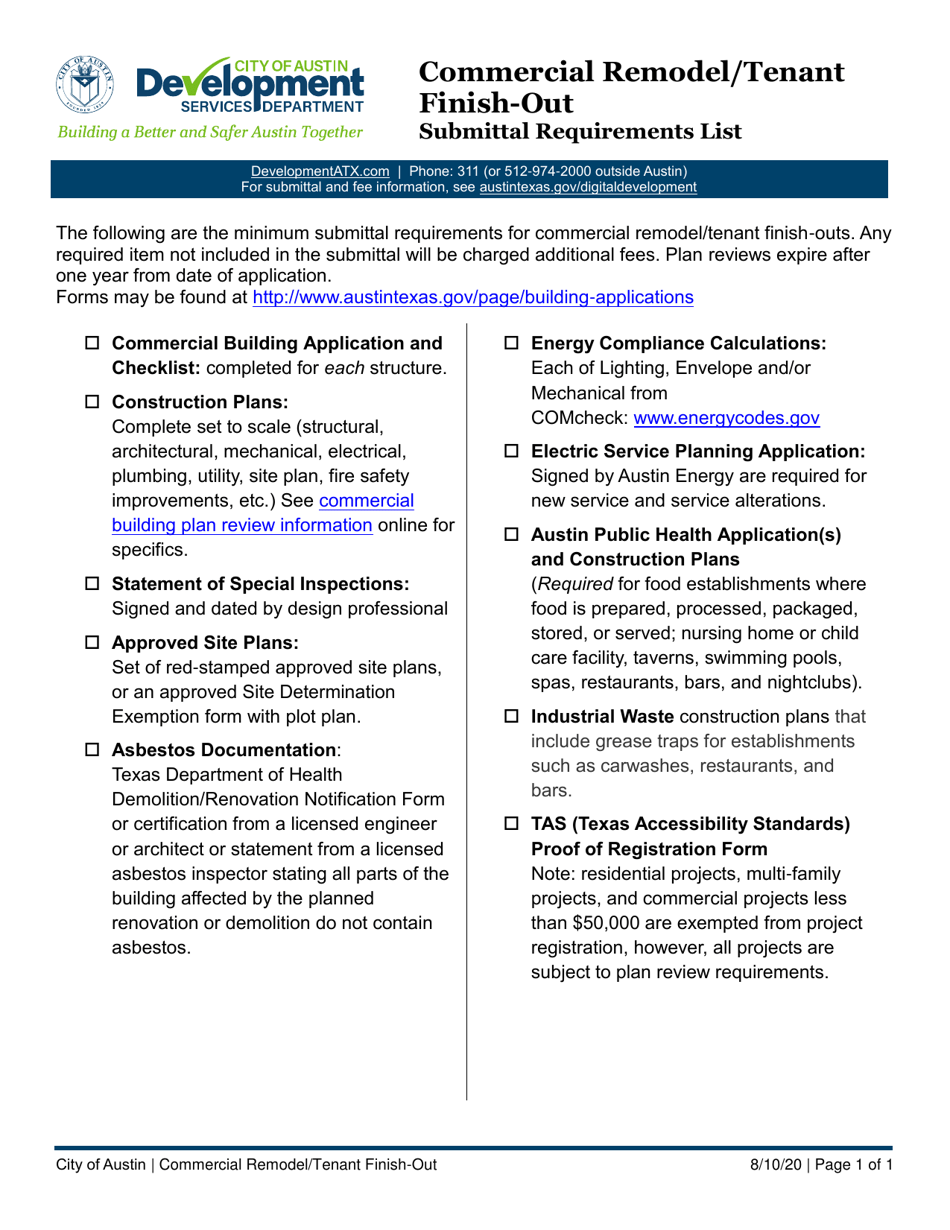 City of Austin, Texas Commercial Remodel/Tenant FinishOut Submittal