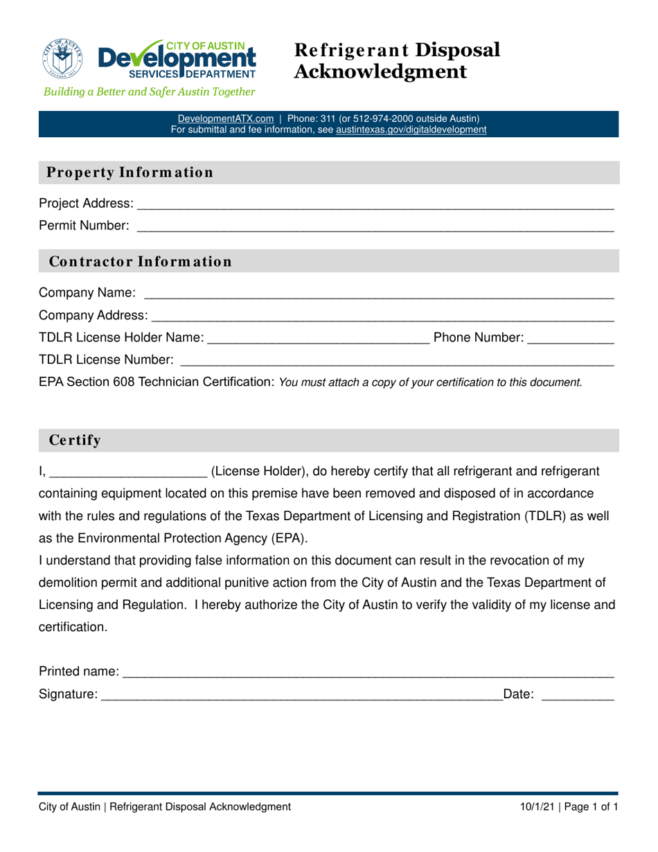 Refrigerant Disposal Acknowledgment - City of Austin, Texas, Page 1