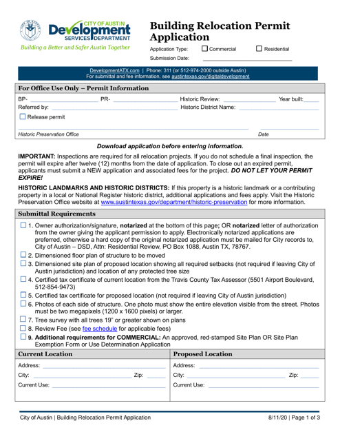 Building Relocation Permit Application - City of Austin, Texas Download Pdf
