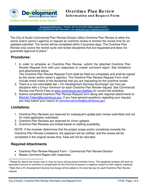 Overtime Plan Review Request Form - Commercial Plan Review - City of Austin, Texas Download Pdf