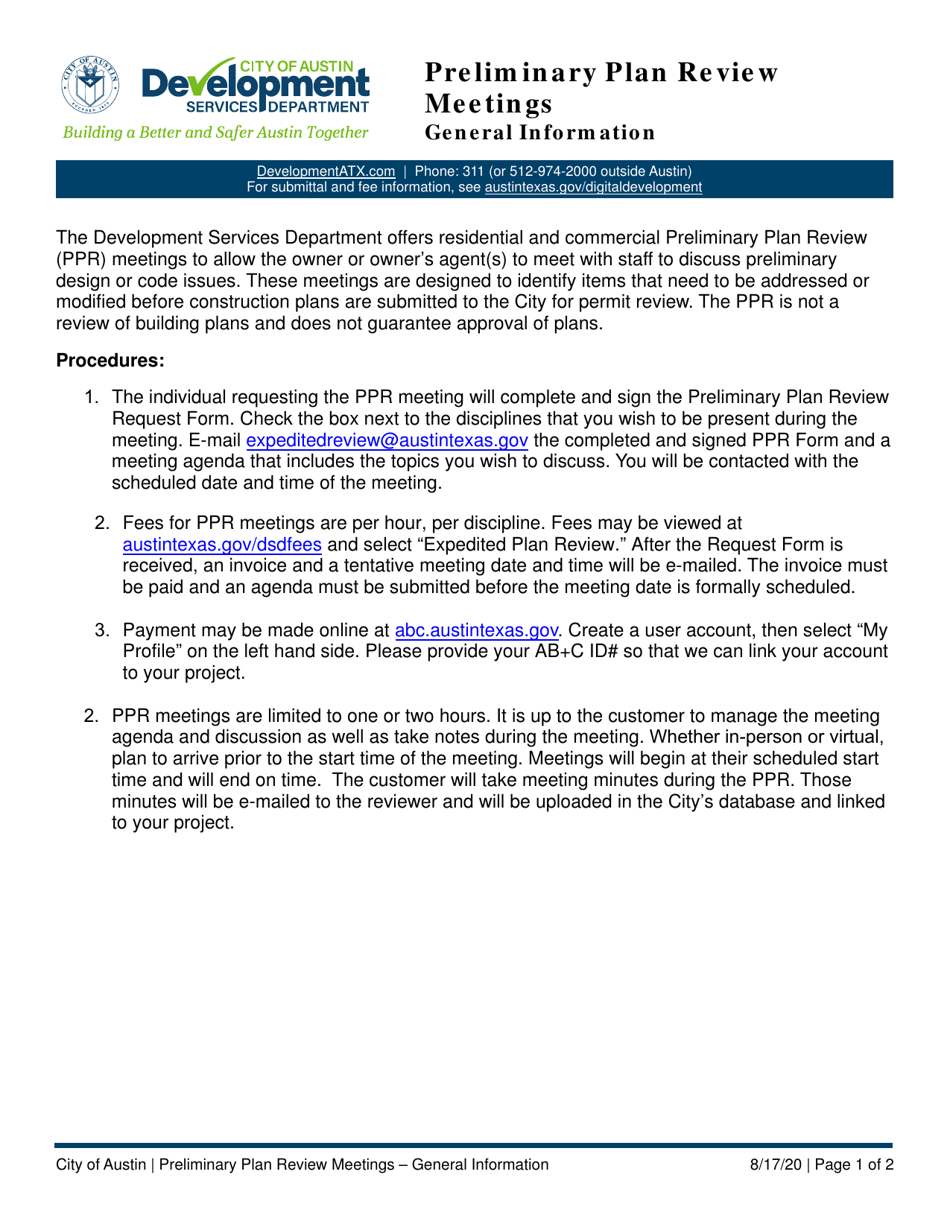 Preliminary Plan Review Commercial Request Form - City of Austin, Texas, Page 1