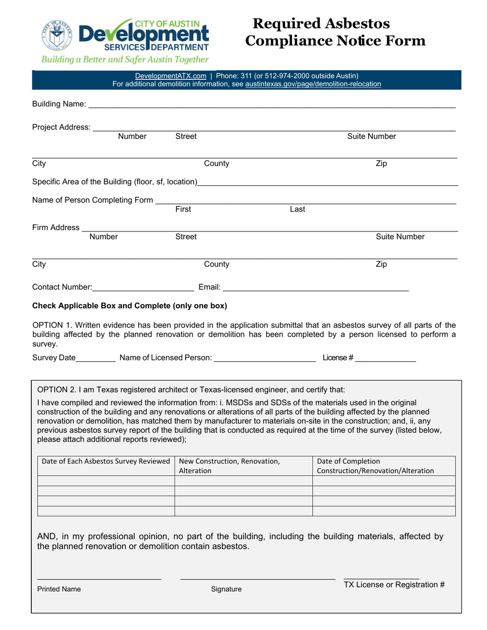 Required Asbestos Compliance Notice Form - City of Austin, Texas, Page 2