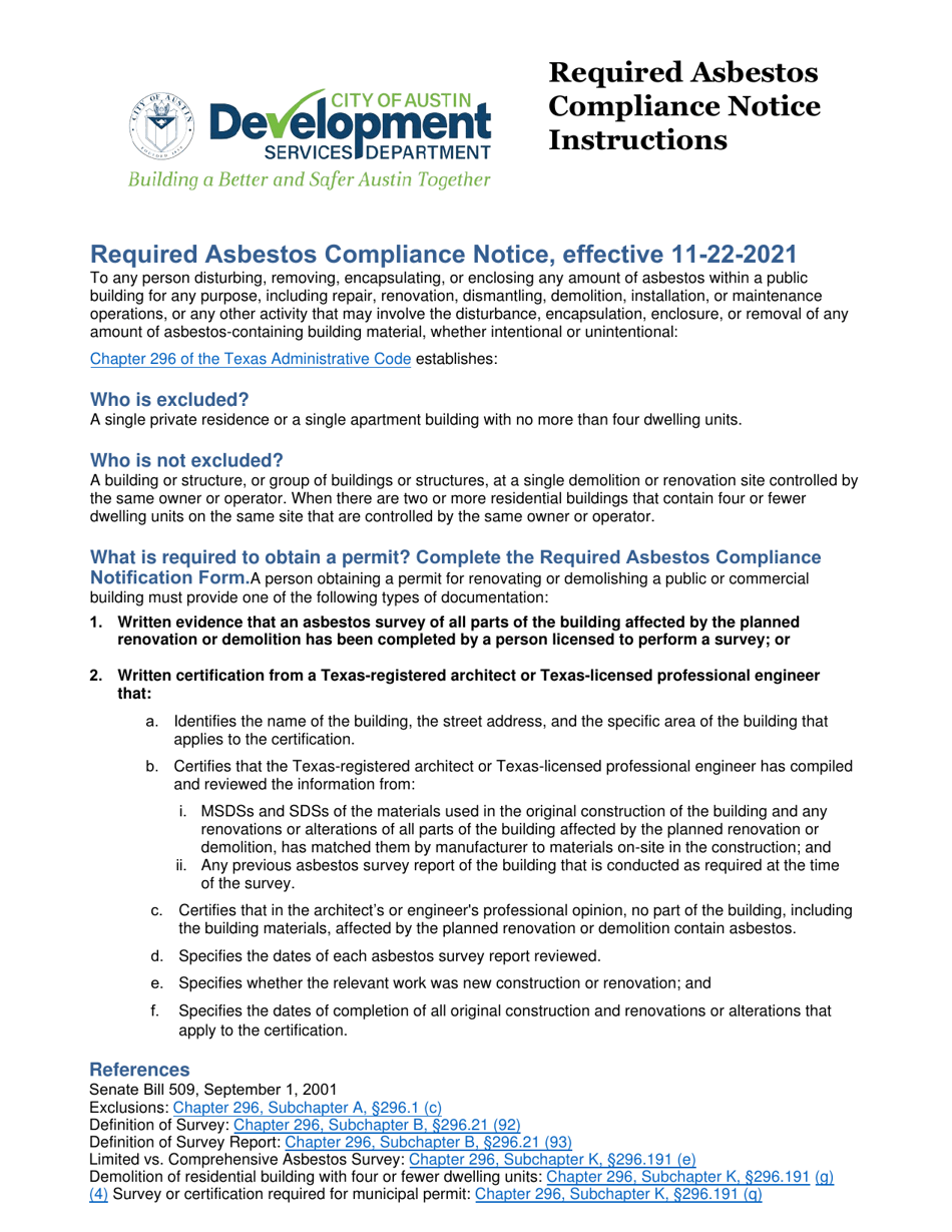 City of Austin, Texas Required Asbestos Compliance Notice Form Fill