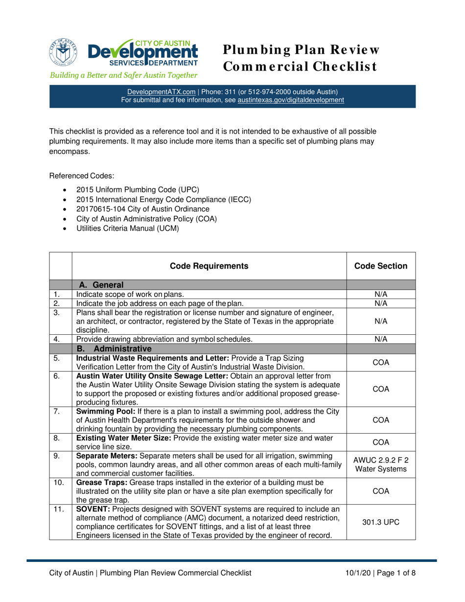 Plumbing Plan Review Commercial Checklist - City of Austin, Texas, Page 1