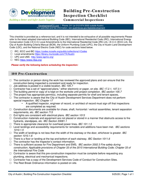 Building Pre-construction Inspection Checklist - Commercial Inspections - City of Austin, Texas Download Pdf