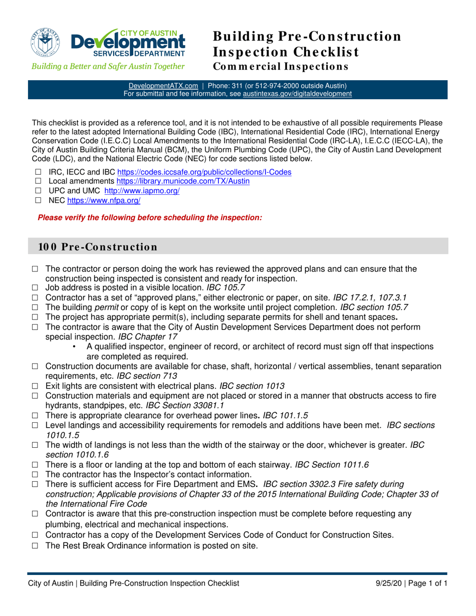 Building Pre-construction Inspection Checklist - Commercial Inspections - City of Austin, Texas, Page 1