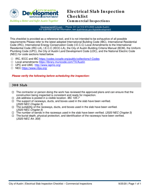 Electrical Slab Inspection Checklist - Commercial Inspections - City of Austin, Texas Download Pdf