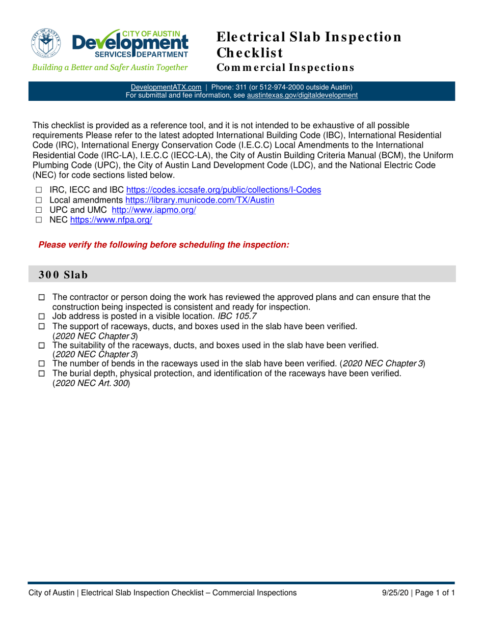 Electrical Slab Inspection Checklist - Commercial Inspections - City of Austin, Texas, Page 1