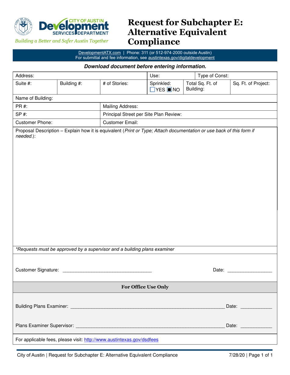 Request for Subchapter E: Alternative Equivalent Compliance - City of Austin, Texas, Page 1