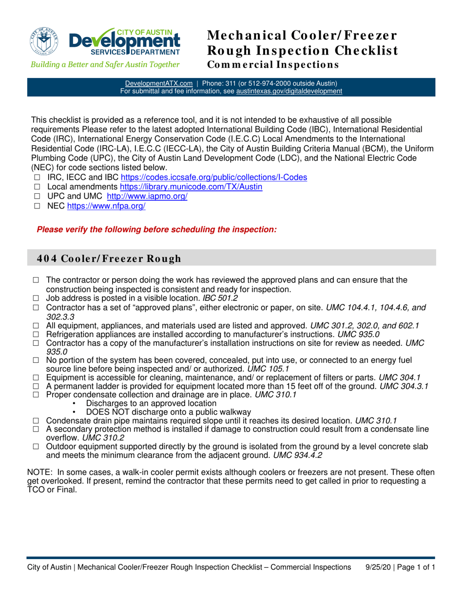 Mechanical Cooler / Freezer Rough Inspection Checklist - Commercial Inspections - City of Austin, Texas, Page 1