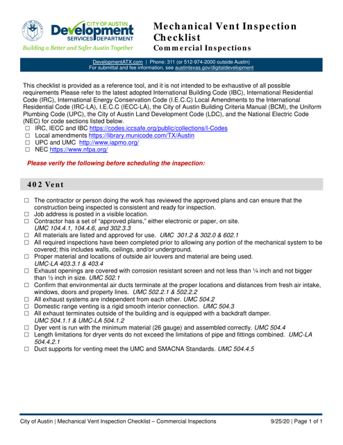 Mechanical Vent Inspection Checklist - Commercial Inspections - City of Austin, Texas Download Pdf