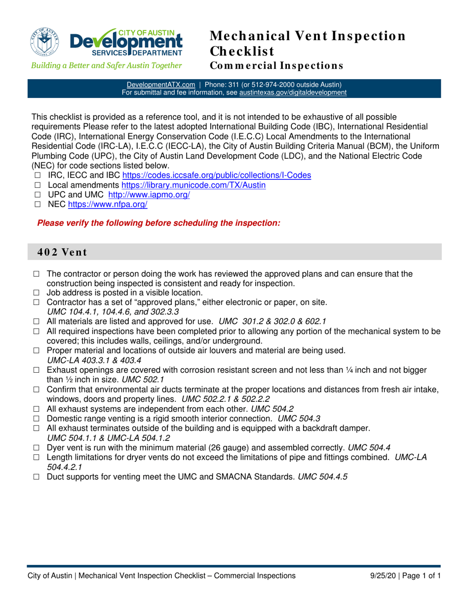 Mechanical Vent Inspection Checklist - Commercial Inspections - City of Austin, Texas, Page 1