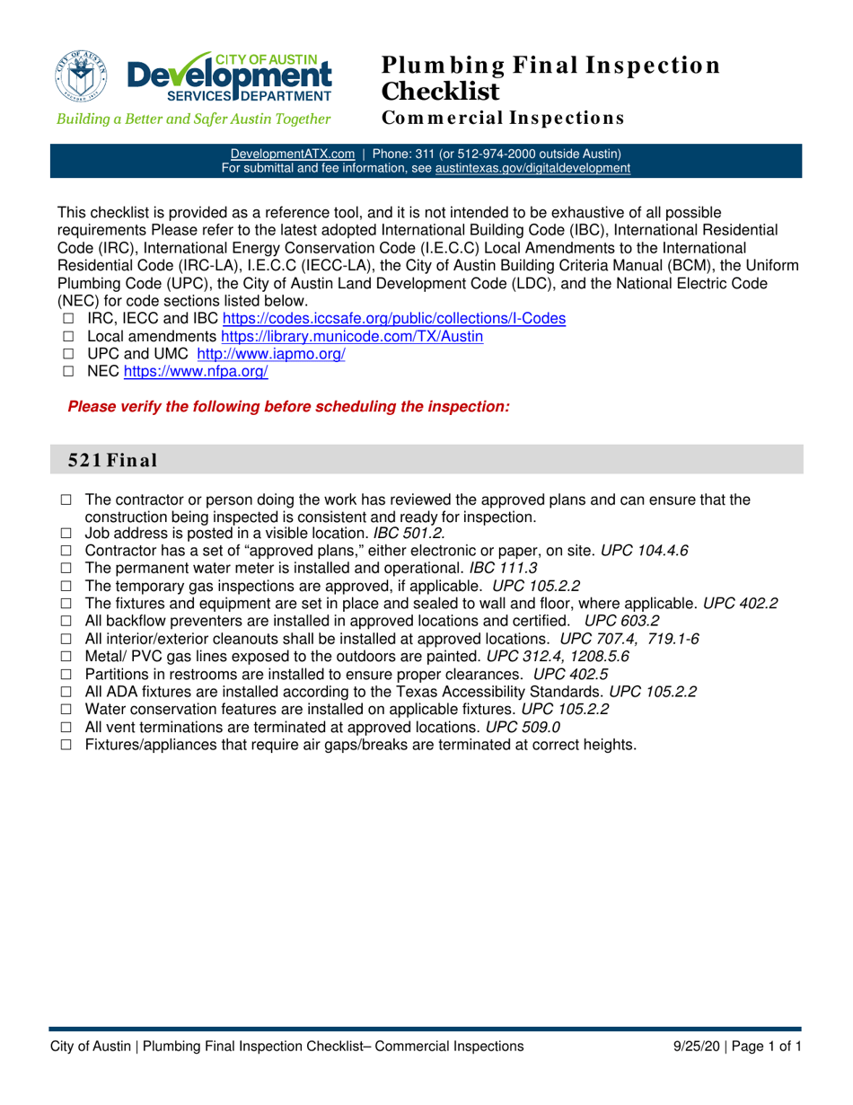 Plumbing Final Inspection Checklist - Commercial Inspections - City of Austin, Texas, Page 1