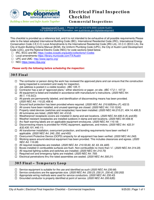 Electrical Final Inspection Checklist - Commercial Inspections - City of Austin, Texas Download Pdf