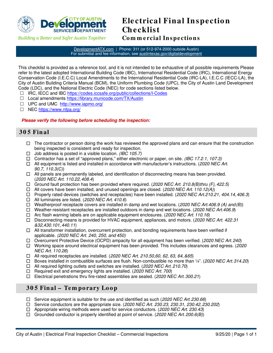 City of Austin, Texas Electrical Final Inspection Checklist ...