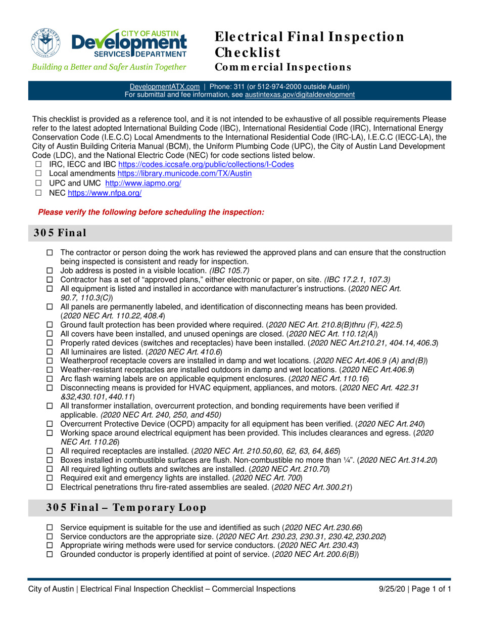 Electrical Final Inspection Checklist - Commercial Inspections - City of Austin, Texas, Page 1