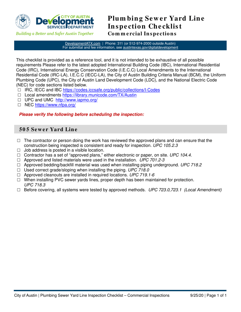 Plumbing Sewer Yard Line Inspection Checklist - Commercial Inspections - City of Austin, Texas, Page 1