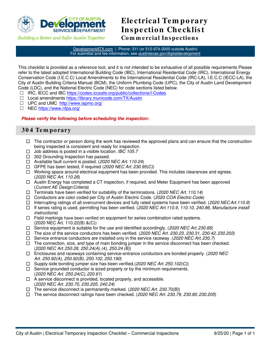 Electrical Temporary Inspection Checklist - Commercial Inspections - City of Austin, Texas, Page 1