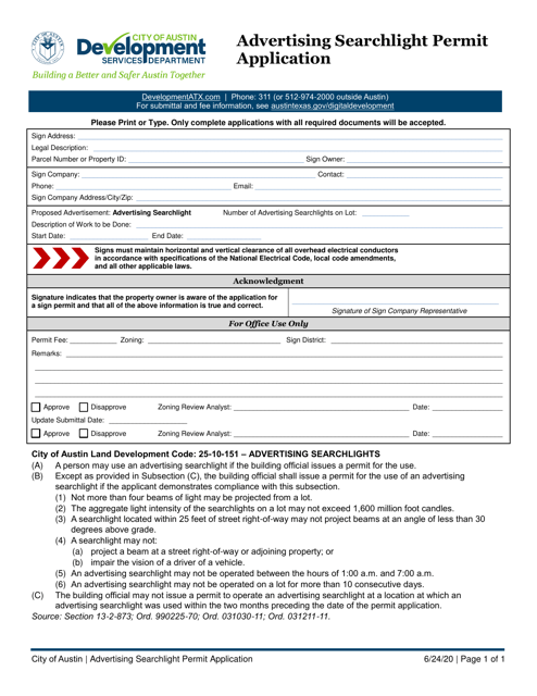 Advertising Searchlight Permit Application - City of Austin, Texas Download Pdf