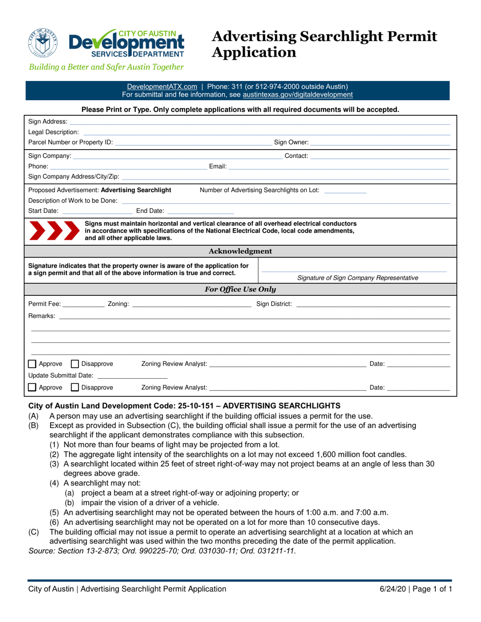 Advertising Searchlight Permit Application - City of Austin, Texas, Page 1