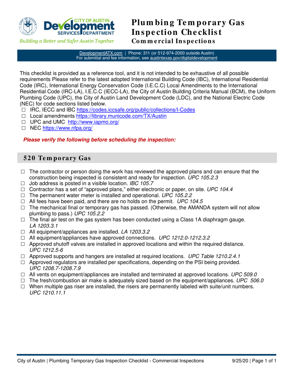 Plumbing Temporary Gas Inspection Checklist - Commercial Inspections - City of Austin, Texas, Page 1