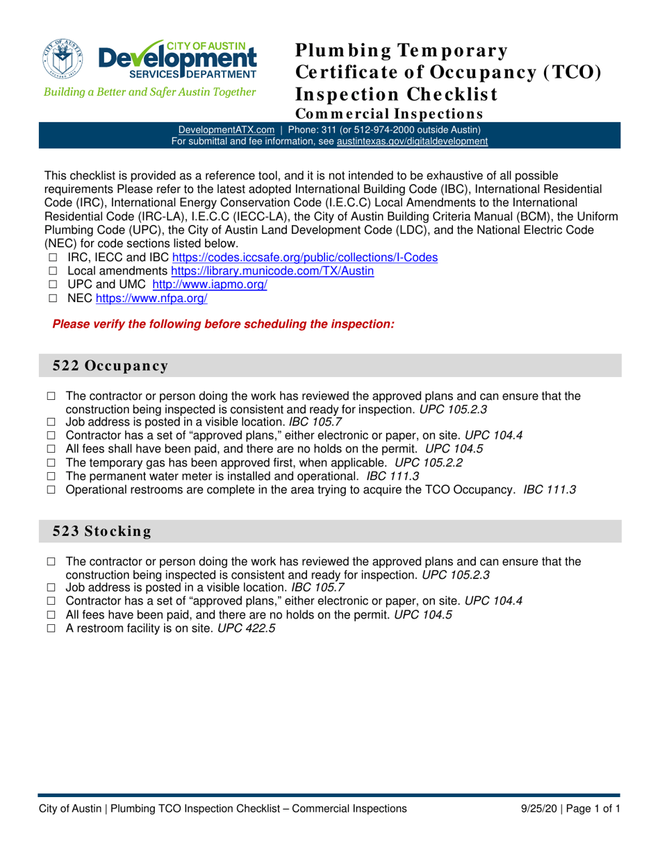 Plumbing Temporary Certificate of Occupancy (Tco) Inspection Checklist - Commercial Inspections - City of Austin, Texas, Page 1