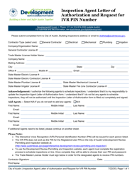 Document preview: Inspection Agent Letter of Authorization and Request for Ivr Pin Number - City of Austin, Texas