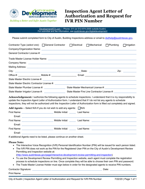 Inspection Agent Letter of Authorization and Request for Ivr Pin Number - City of Austin, Texas