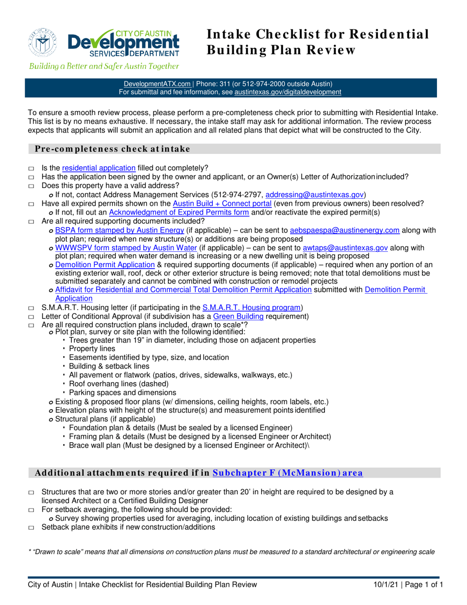 Intake Checklist for Residential Building Plan Review - City of Austin, Texas, Page 1