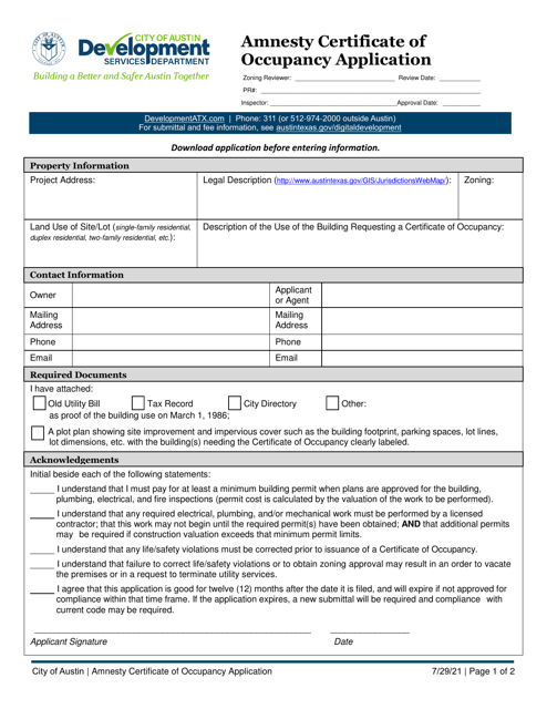 Amnesty Certificate of Occupancy Application - City of Austin, Texas Download Pdf