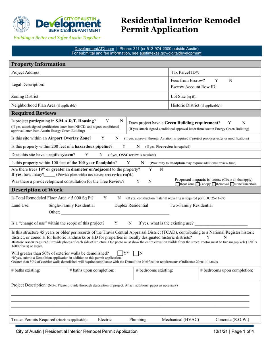 Residential Interior Remodel Permit Application - City of Austin, Texas, Page 1