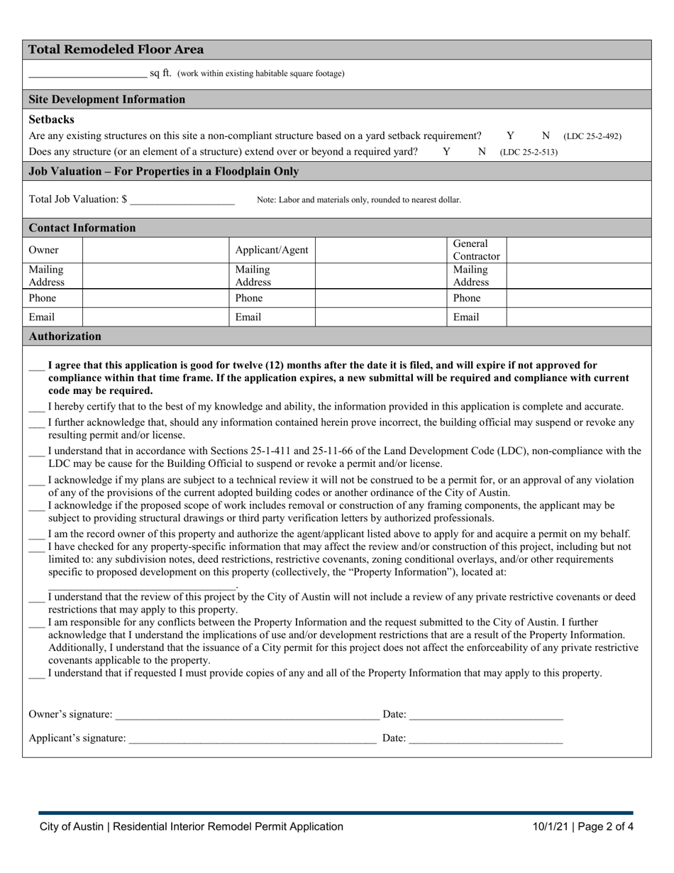 City Of Austin, Texas Residential Interior Remodel Permit Application ...