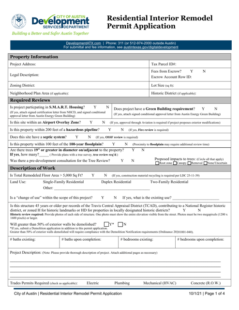 Residential Interior Remodel Permit Application - City of Austin, Texas Download Pdf