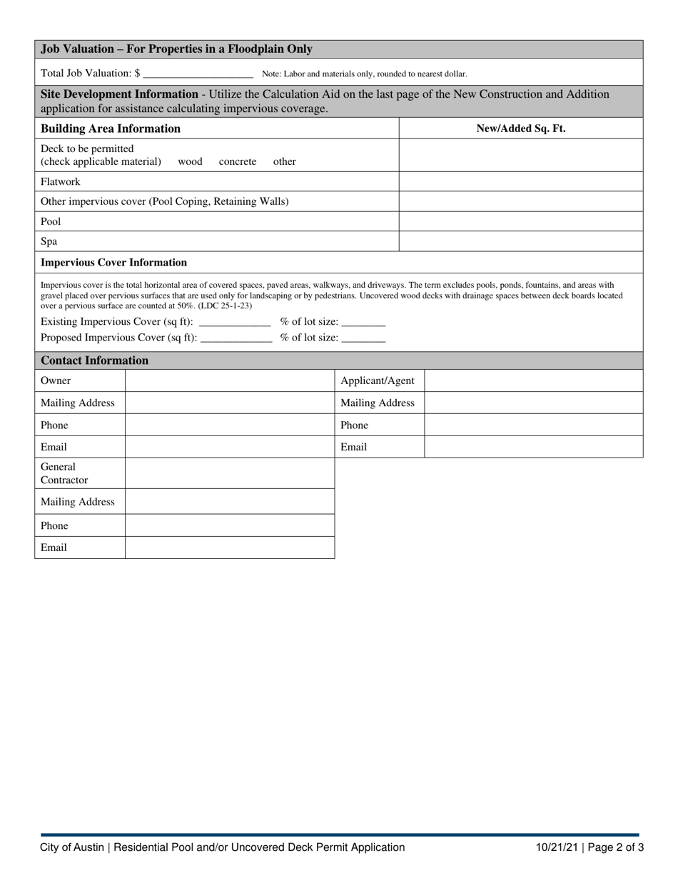 Residential Pool and / or Uncovered Deck Permit Application - City of Austin, Texas, Page 2