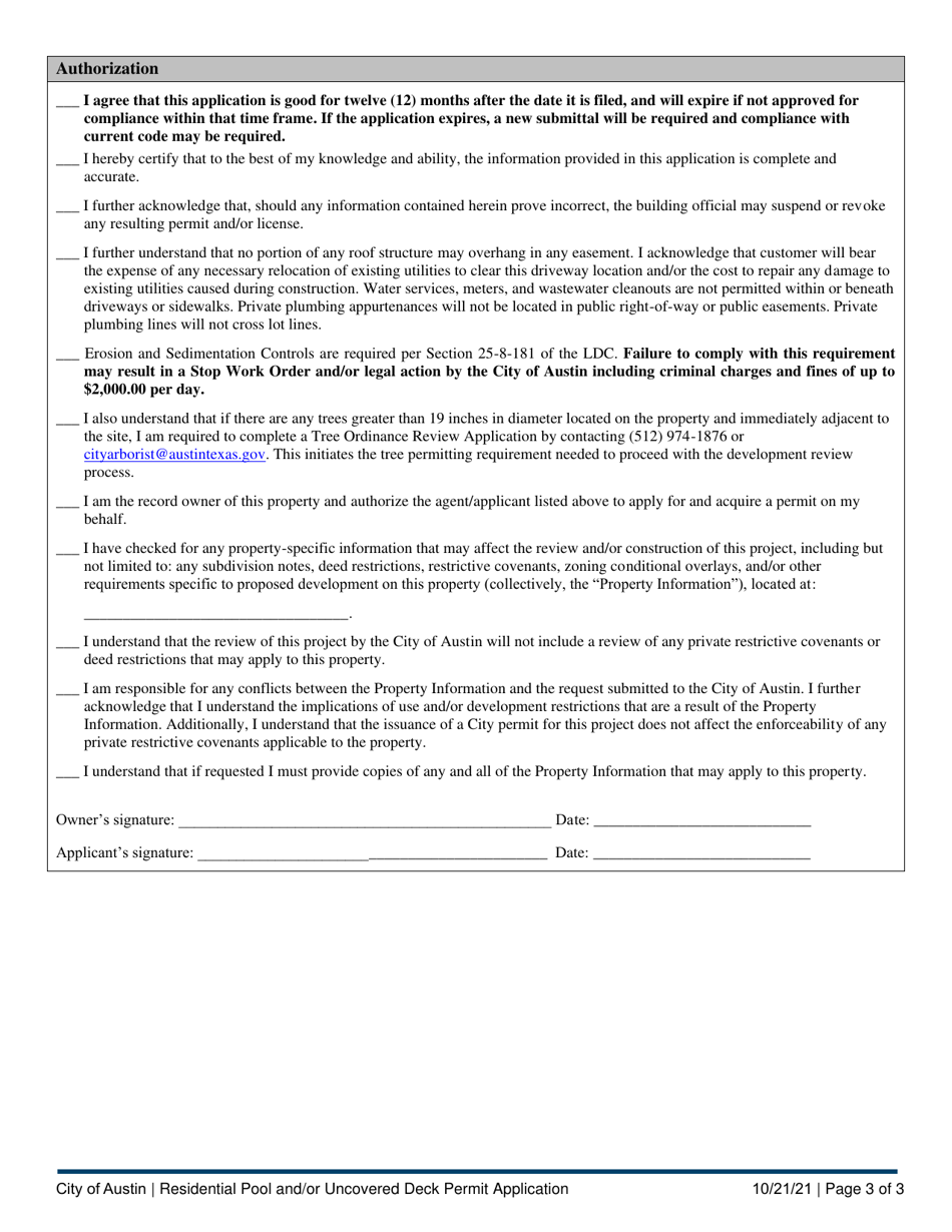 Residential Pool and / or Uncovered Deck Permit Application - City of Austin, Texas, Page 3