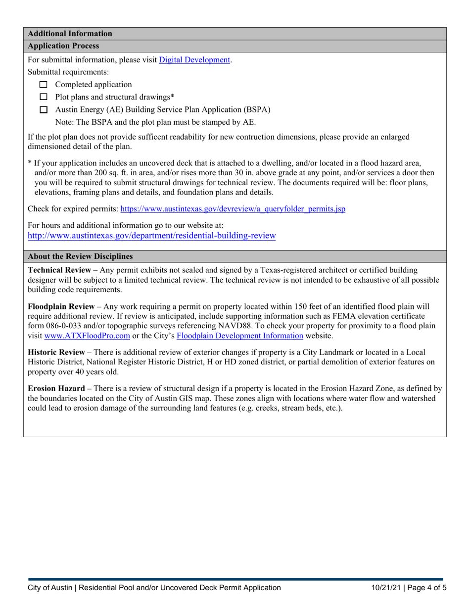 Residential Pool and / or Uncovered Deck Permit Application - City of Austin, Texas, Page 4