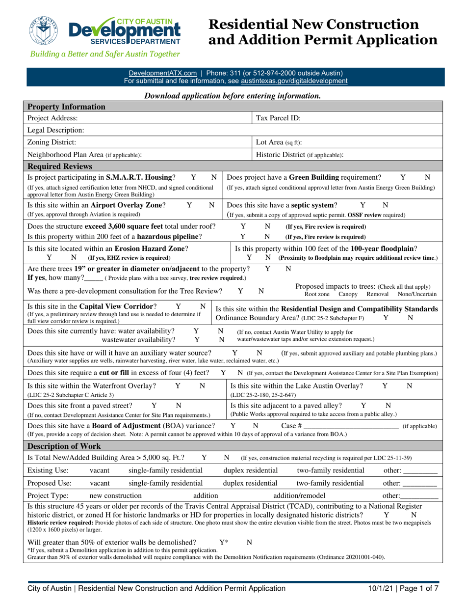 Residential New Construction and Addition Permit Application - City of Austin, Texas, Page 1