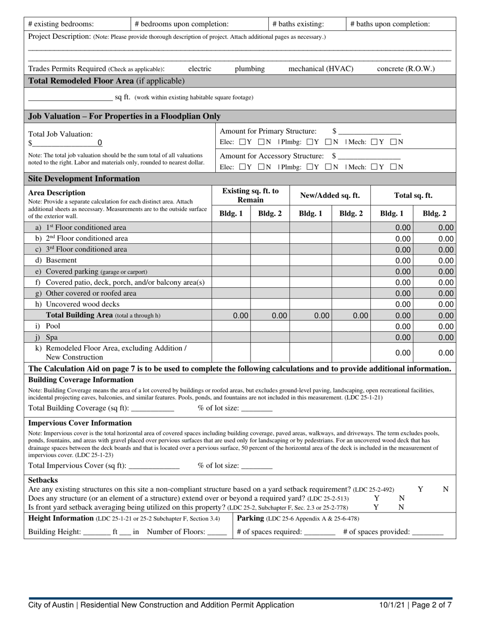 Residential New Construction and Addition Permit Application - City of Austin, Texas, Page 2