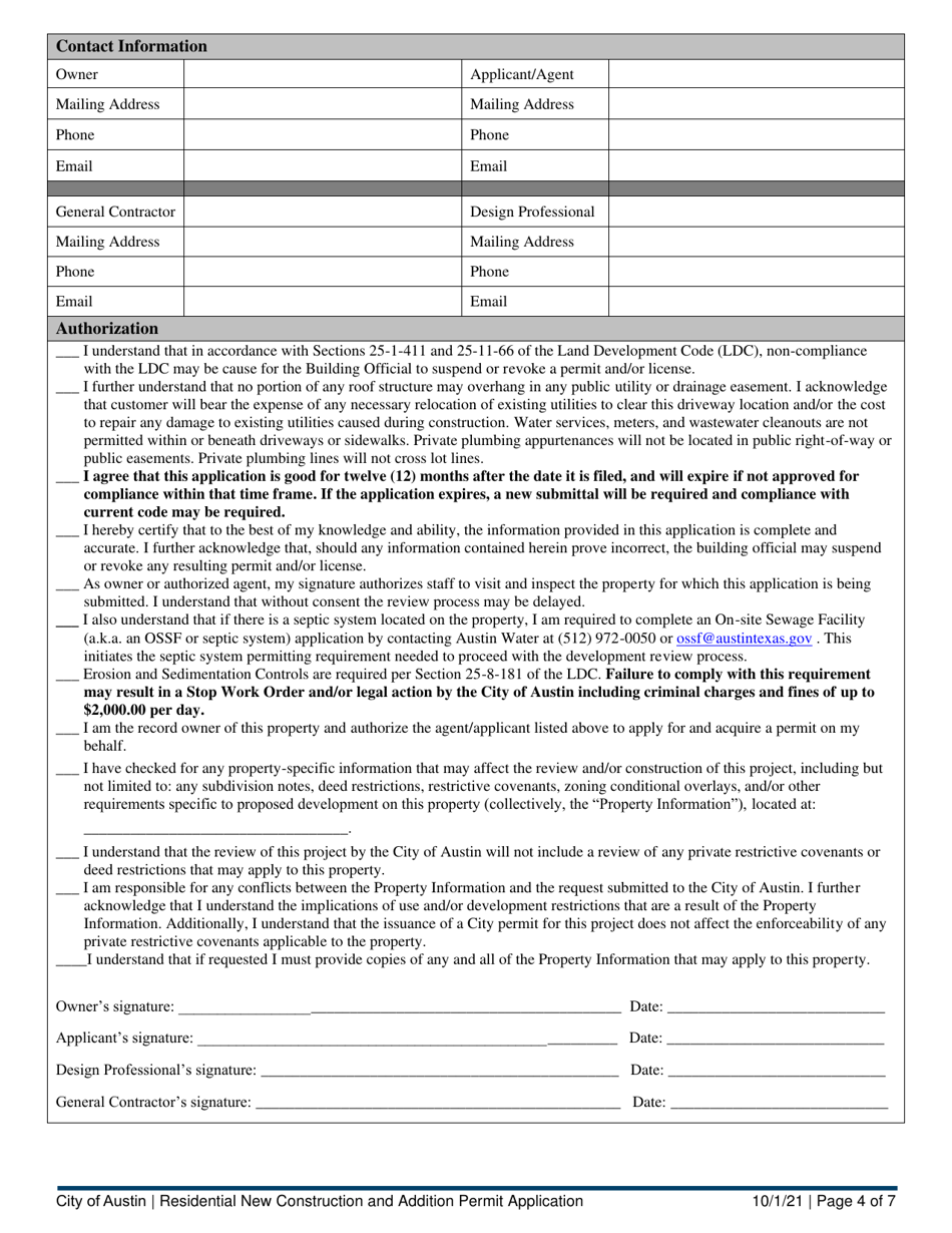 Residential New Construction and Addition Permit Application - City of Austin, Texas, Page 4